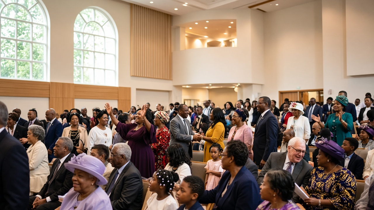Diverse church congregation gathering together in worship and community